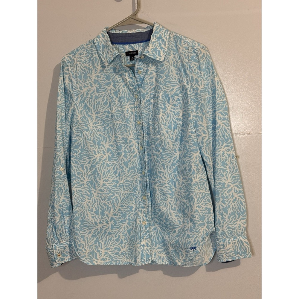 Talbots 100% Cotton Blue And White Coral Nautical Beach Coastal Button Down Sz M